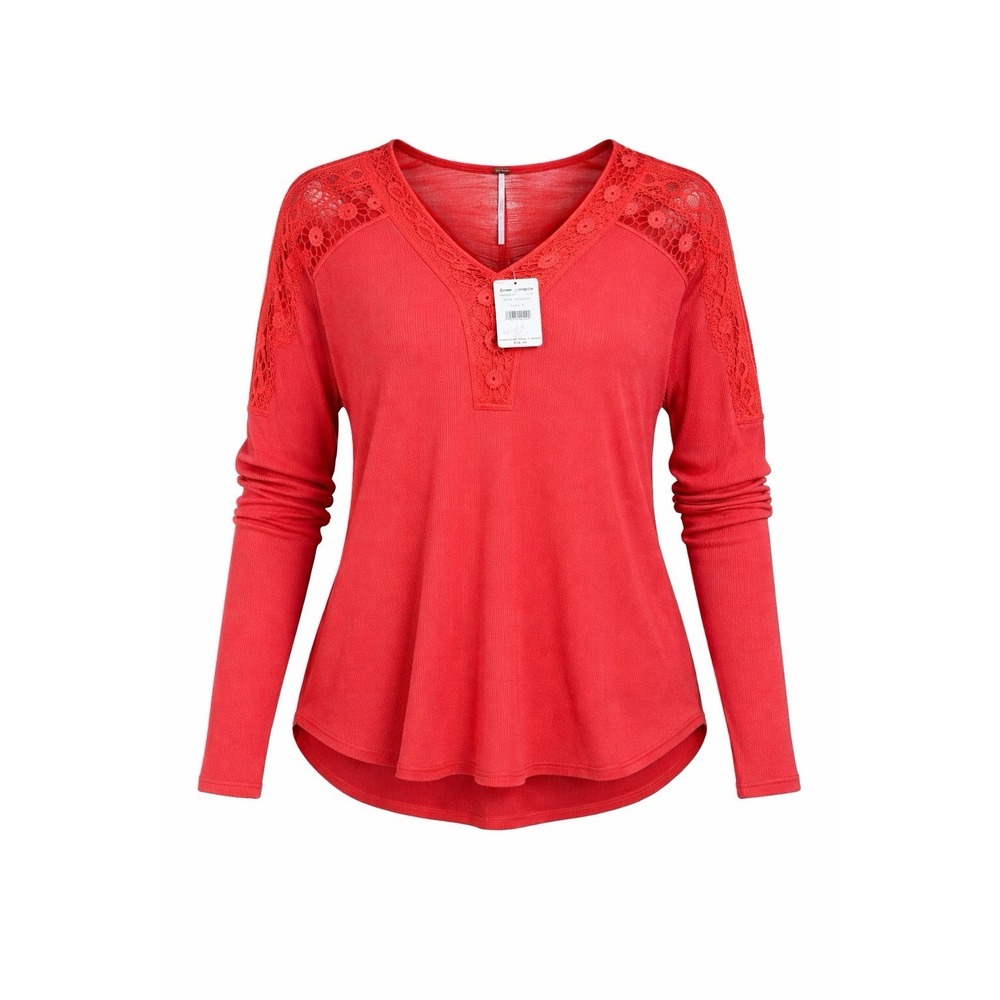 Free People Coral Lace-Shoulder Long Sleeve Top